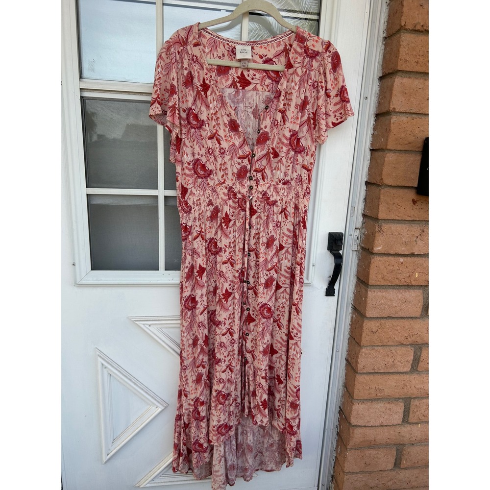 Knox Rose Pink Red Floral High Low Midi Dress XXL  Boho Button Summer Sundress